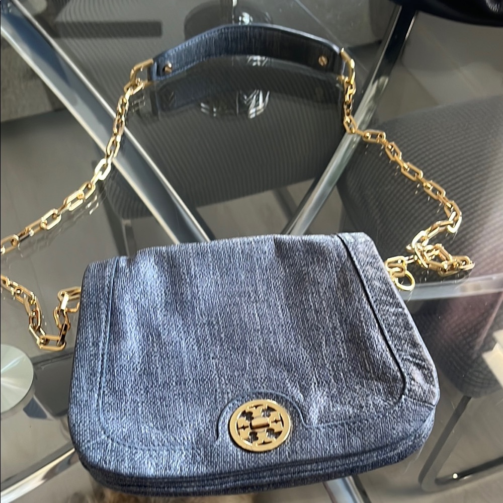 Tory Burch Gray Gold Crossbody Bag with Chain Strap